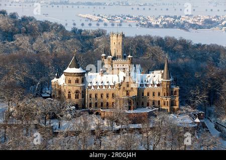 Aerial shot of Marienburg castle in winter, Schulenburg, Pattensen, Lower Saxony, Germany Stock Photo