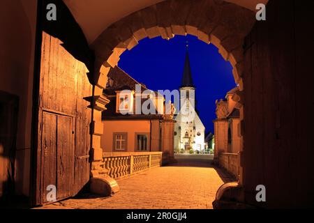 View to town church of St. George at night, Weikersheim, Tauber valley, Baden-Wuerttemberg, Germany Stock Photo