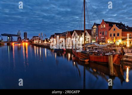 Inland harbour at night, Husum, Schleswig-Holstein, Germany Stock Photo