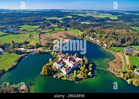 Aerial view of the Seeon Abbey, Seeon, Seon-Seebruck, Chiemsee, Chiemgau, Upper Bavaria, Bavaria, Germany Stock Photo