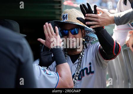 Miami Marlins' Yuli Gurriel looks on during the fourth inning in the first  baseball game of a doubleheader against the Cleveland Guardians, Saturday,  April 22, 2023, in Cleveland. (AP Photo/Nick Cammett Stock