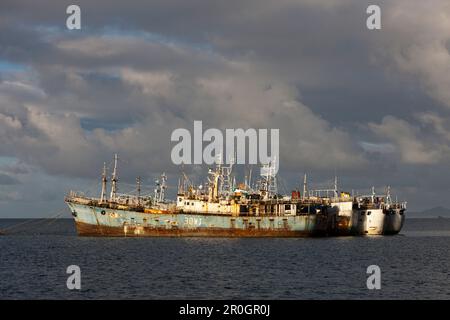 Cargo Boats laying at anchor, Beqa Lagoon, Viti Levu, Fiji Stock Photo