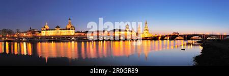View over river Elbe to illuminated old town, Dresden, Saxony, Germany Stock Photo