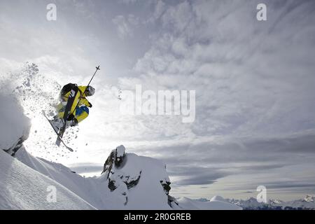 Freerider jumping, Chandolin, Anniviers, Valais, Switzerland Stock Photo