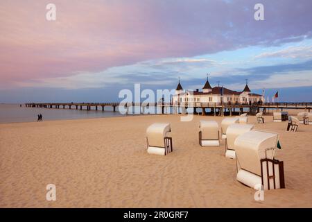 Beach chairs and pier in the evening, Ahlbeck seaside resort, Usedom island, Baltic Sea, Mecklenburg-West Pomerania, Germany, Europe Stock Photo