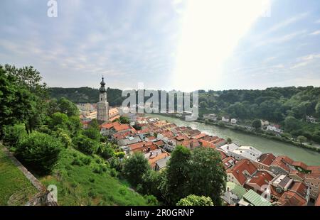 View from the castle onto the old town of Burghausen and Salzach river, Bavaria, Germany, Europe Stock Photo