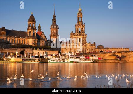 View over the Elbe river to Bruehlsche Terrasse, Staendehaus, Dresden castle and church Hofkirche in the evening light, Dresden, Saxonia, Germany Stock Photo