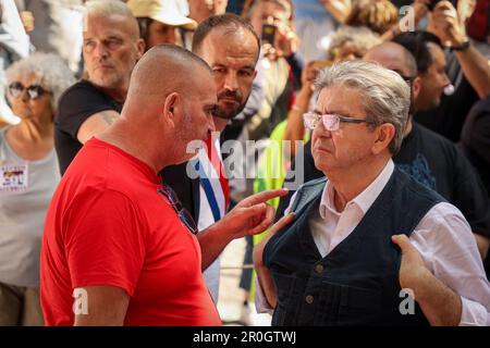 Marseille, France. 06th May, 2023. Jean-Luc Mélenchon (R) leader of the party 'La France Insoumise' (LFI) is seen in discussion with Olivier Mateu (L), secretary general of the Departmental Union of Bouches-du-Rhône of the General Confederation of Labor (CGT) during the 'March of anger' in Marseille. Several unions and left-wing parties have called for a 'March of Anger' in Marseille intended to ask to live, work and age with dignity. Credit: SOPA Images Limited/Alamy Live News Stock Photo