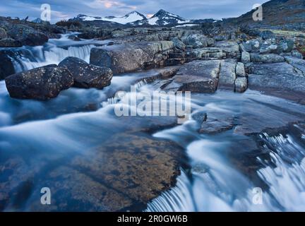 Leira river under clouded sky, Jotunheimen National Park, Leirdalen, Norway, Europe Stock Photo