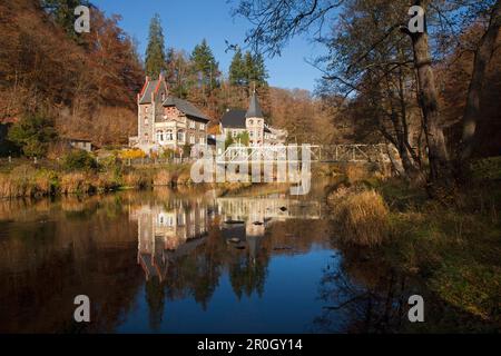 Houses on the banks of Bode river in the sunlight, Treseburg, Bode valley, Harz mountains, Saxony-Anhalt, Germany, Europe Stock Photo