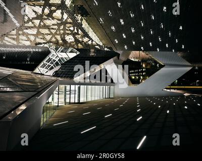 Entrance of  museum Zuffenhausen at night, Stuttgart, Baden-Wuerttemberg, Germany Stock Photo