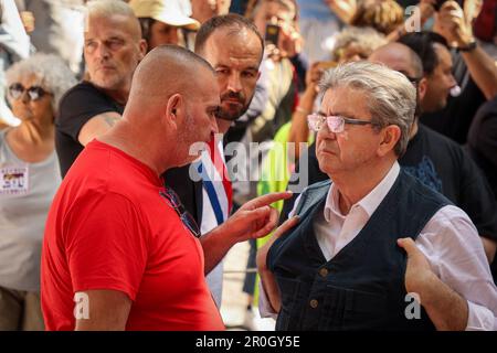 Marseille, France. 06th May, 2023. Jean-Luc Mélenchon (R) leader of the party 'La France Insoumise' (LFI) is seen in discussion with Olivier Mateu (L), secretary general of the Departmental Union of Bouches-du-Rhône of the General Confederation of Labor (CGT) during the 'March of anger' in Marseille. Several unions and left-wing parties have called for a 'March of Anger' in Marseille intended to ask to live, work and age with dignity. (Photo by Denis Thaust/SOPA Images/Sipa USA) Credit: Sipa USA/Alamy Live News Stock Photo