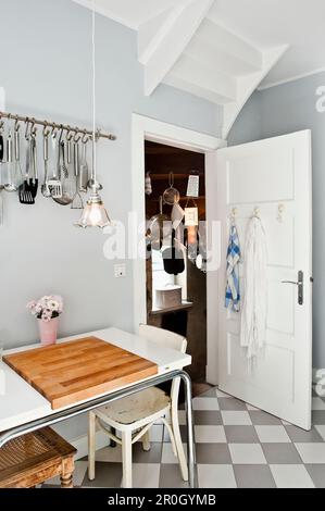 Kitchen furnished in country style, Kitchen utensils hung up, Hamburg, Germany Stock Photo