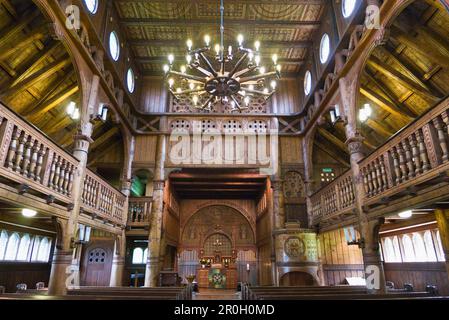 Interior design of stave church Gustav Adolf, Hahnenklee, Lower Saxony, Harz, Lower Saxony, Germany Stock Photo