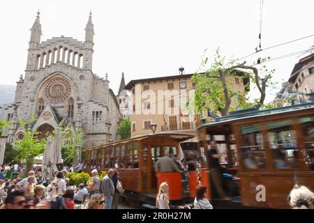Saturday market, church Sant Bartomeu, town hall, historical tram between Soller and Palma, Tramuntana, Soller, Mallorca, Spain Stock Photo