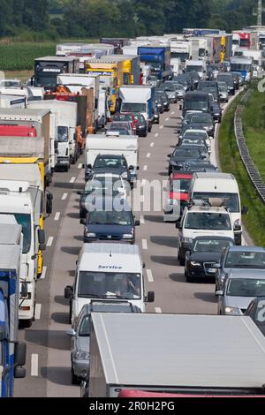 Traffic at a standstill on a German Autobahn, traffic jam, Bavaria, Germany Stock Photo
