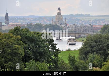 View over the river Elbe onto the Frauenkirche church, Dresden, Saxony, Germany, Europe Stock Photo