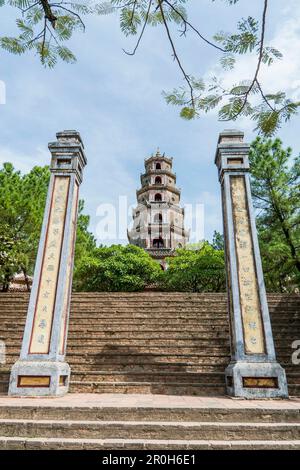 Tomb of the emperor Thien Mu with the famous pagoda, near the city of Hue, Vietnam, Asia Stock Photo