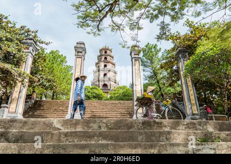 Tomb of the emperor Thien Mu with the famous pagoda, near the city of Hue, Vietnam, Asia Stock Photo