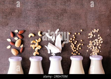 Vegan plant based non dairy milk. Variety in milk bottles with ingredients. Top down view over a brown stone background. Stock Photo