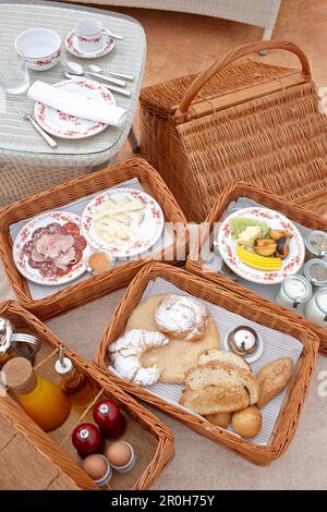 Breakfast basket as room service, Hotel Cap Rocat, Ctra. d'enderrocat, s/n, 07609 Cala Blava, Mallorca, Balearic Islands, Spain Stock Photo
