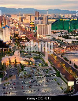 USA, Nevada, Las Vegas, cityscape of the Las Vegas Strip with parking lot, casinos and luxury hotels Stock Photo