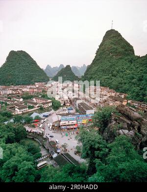 CHINA, elevated view of Guilin and limestone spires Stock Photo