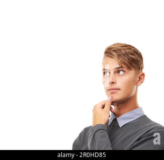 Thoughtful and stylish. Studio headshot of a thoughtful looking young man isolated on white with copyspace. Stock Photo
