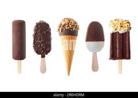 Set of unique summer chocolate popsicle and ice cream treats isolated on a white background Stock Photo