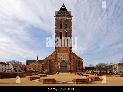 tower of the St Mary's Church from the east, gable with clock bells, Hanseatic city of Wismar, Germany, Mecklenburg-Western Pomerania, Wismar Stock Photo