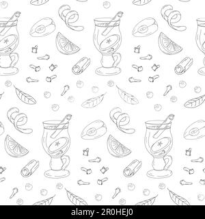 Seamless pattern of outline drawing of glass cup with mulled wine, spices and slices of apple. Happy mulled wine day. Isolate. Design for wrapping, wallpaper, poster or cards. Happy Wine day. Vector. Stock Vector