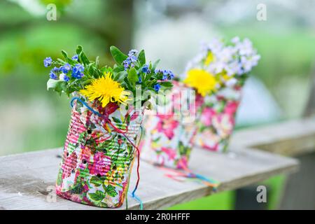 wood forget-me-not, woodland forget-me-not (Myosotis sylvatica), blooming forget-me-nots and dandelion in colourful painted tin cans, Germany Stock Photo
