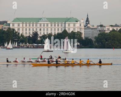 View over the Lake Alster with rowing boats and sailing boats in front of the Atlantic hotel, Hanseatic City of Hamburg, Germany Stock Photo