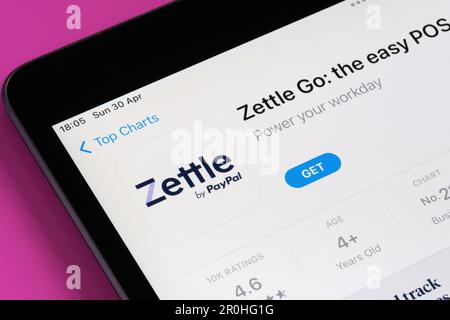 Zettle app seen in App Store on the screen of ipad. Selective focus. Stafford, United Kingdom, May 6, 2023 Stock Photo