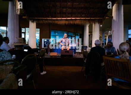 Brother Norland performs traditional and modern Hawaiian music on the Big Island of Hawaii. Stock Photo