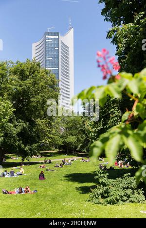 Park near the Leipzig University, City-Hochhaus in background, Leipzig, Saxony, Germany Stock Photo