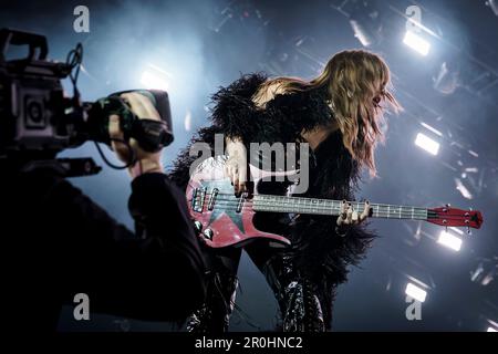 Victoria De Angelis of Maneskin performs on stage at the O2 Arena in