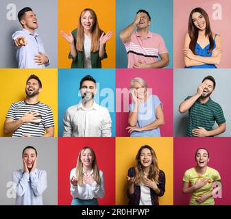 Collage with photos of people laughing on different color backgrounds Stock Photo