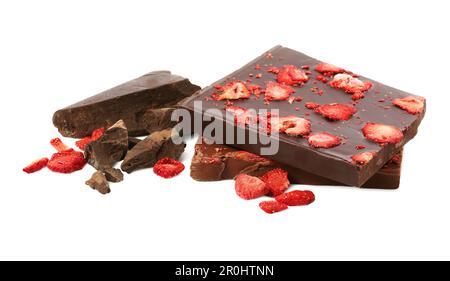 Chocolate bars with freeze dried strawberries on white background Stock ...