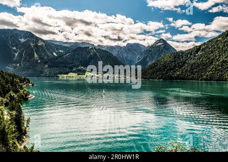 View over Lake Achensee to Pertisau and Karwendel cabel car, Achenkirch, Tyrol, Austria Stock Photo