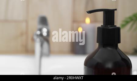 Black bottle of bubble bath on tub indoors, closeup. Space for text Stock Photo