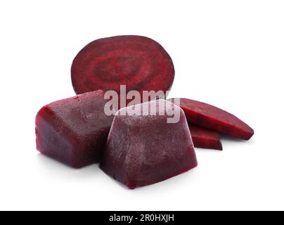 Frozen beetroot puree cubes and fresh beetroot isolated on white Stock Photo