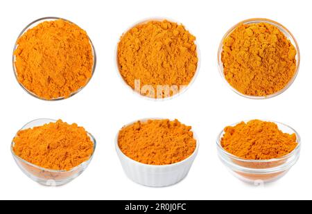 Set with saffron powder on white background Stock Photo
