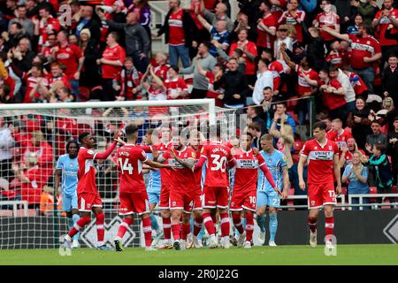 Middlesbrough, UK. 8th May 2023.Middlesbrough's Cameron Archer celebrates with his team mates after scoring during the Sky Bet Championship match between Middlesbrough and Coventry City at the Riverside Stadium, Middlesbrough on Monday 8th May 2023. (Photo: Mark Fletcher | MI News) Credit: MI News & Sport /Alamy Live News Stock Photo