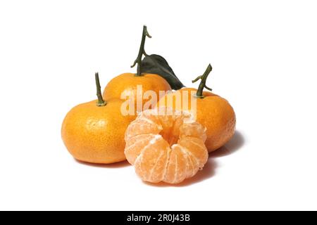 Orange fruit with leaf isolated on white background. Stock Photo
