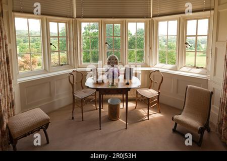 View from a gazebo window in the manor house to the park, Scotney Castle, Kent, Great Britain Stock Photo