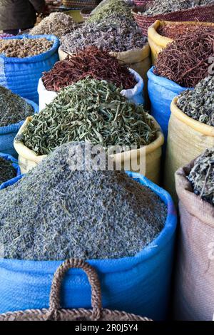 Sacks full of spices on the market, Marrakech, Morocco Stock Photo