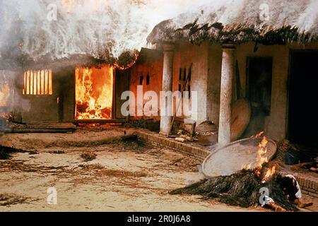 Dead bodies outside a burning home at the Vietnamese village of My Lai after around 500 civilians were massacred by american troops during the Vietnam War. Stock Photo