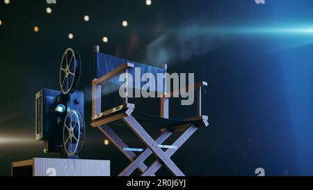 film projector and film director's chair in dark place, 3d rendering Stock Photo