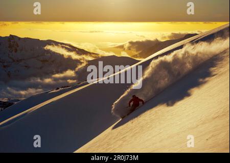 Skier in sunset, Nevados de Chillan, Bio-Bio Region, Chile Stock Photo